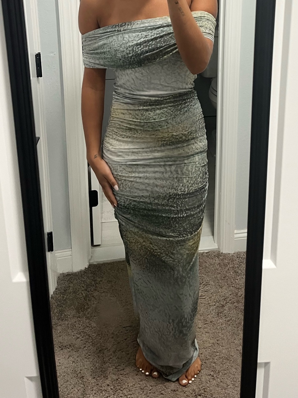 Off-Shoulder Bodycon Maxi Dress — Sage Green - Picture 1 of 6